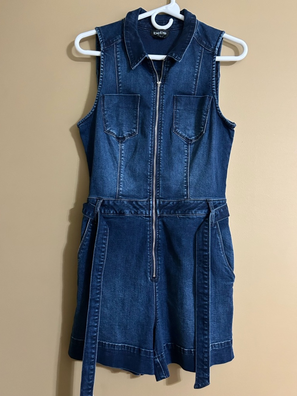 bebe Dark Blue Denim Sleeveless Zip Romper - Picture 2 of 5